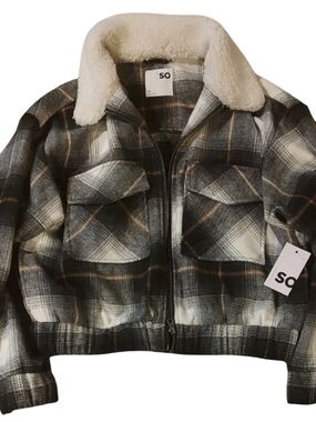 SO Plaid Bomber Jacket with Sherpa Collar - Black and White